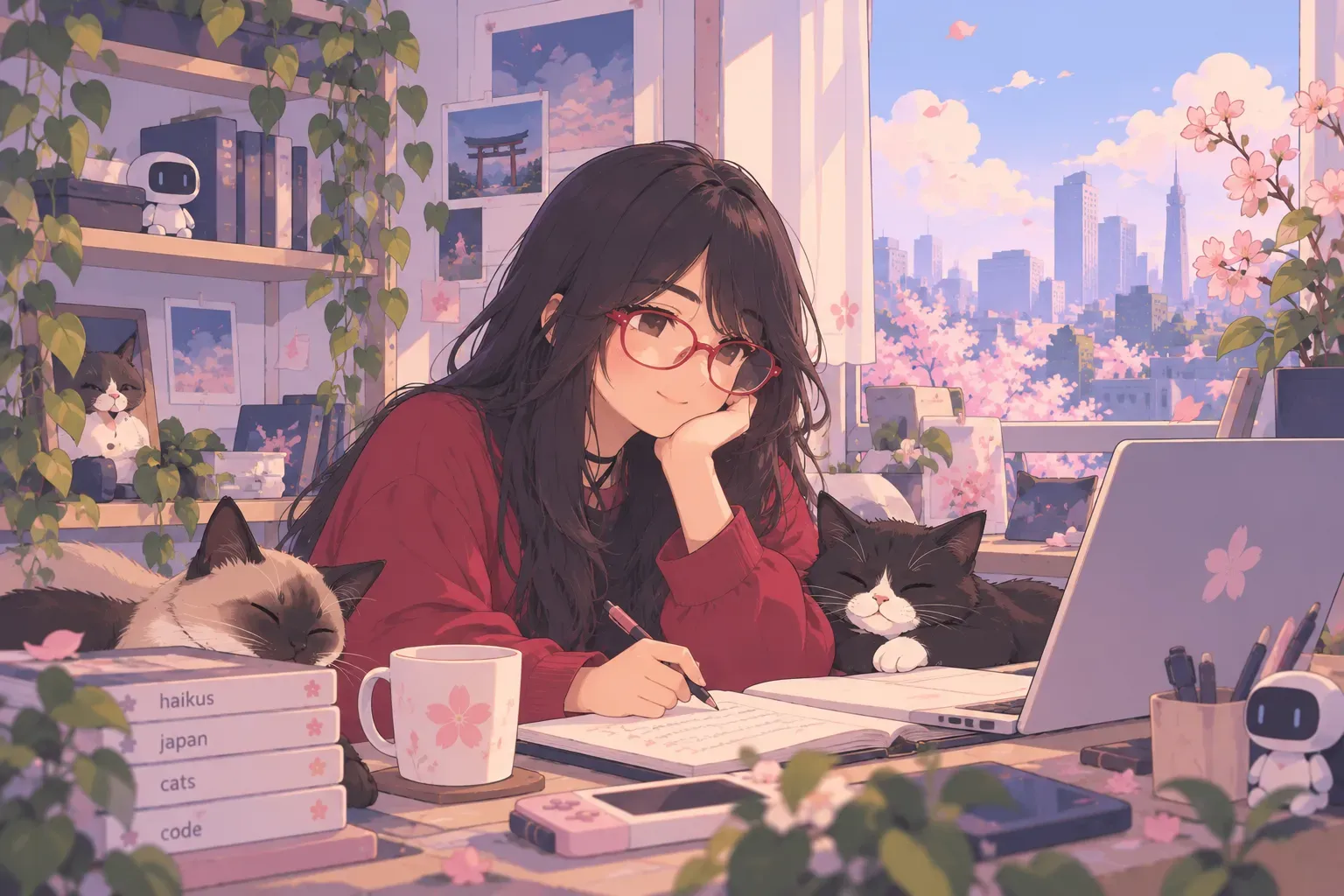 Una mujer y su gato observan una ciudad frente al monte Fuji