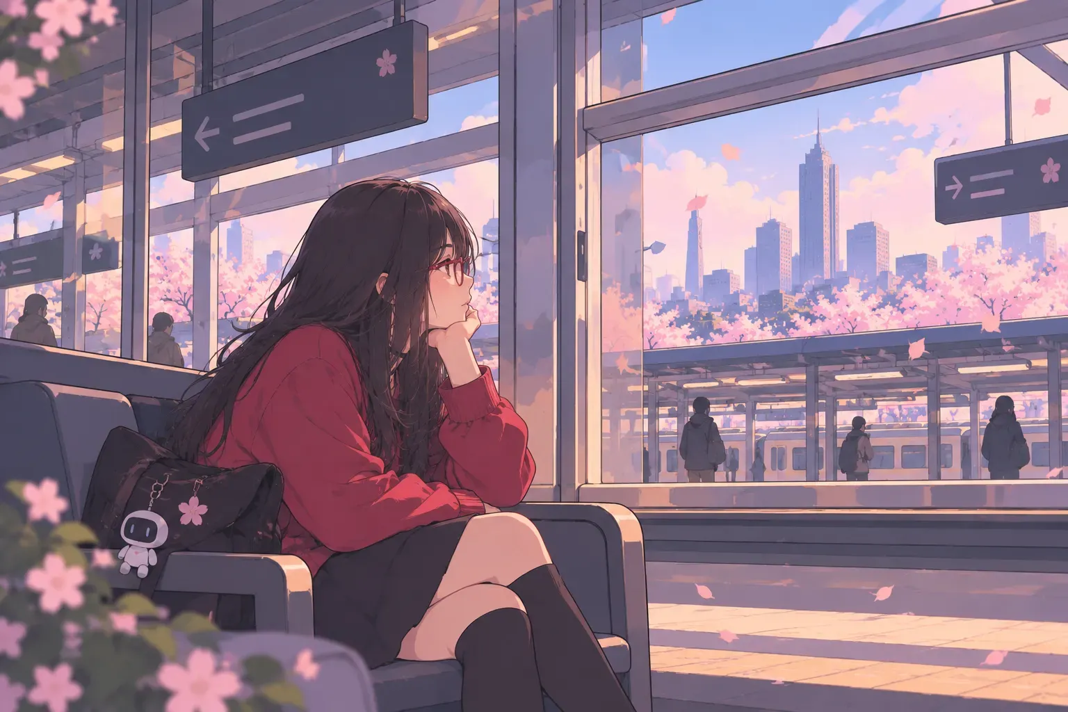 Una mujer y su gato observan la ciudad frente al monte Fuji