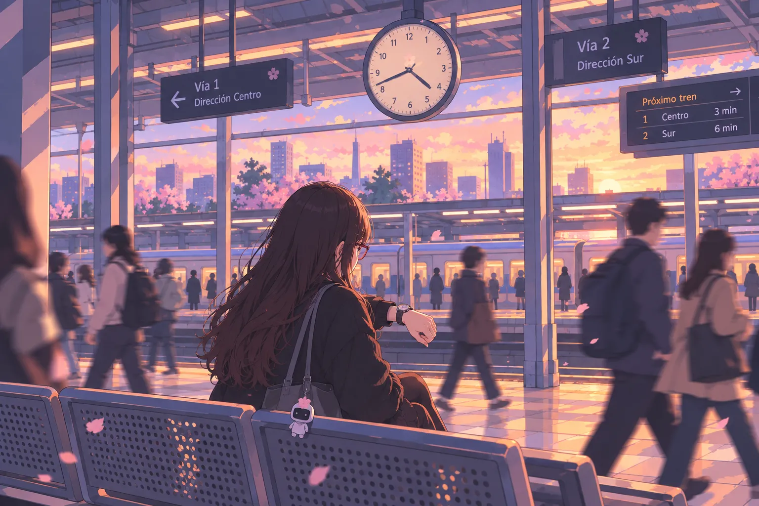 Reloj de estación con personas pasando rápidamente